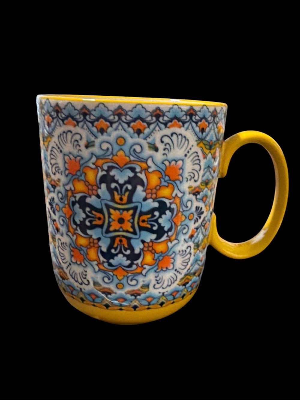 HENXFEN LEAD Boho Ceramic Coffee Mug – Yellow with Blue & Orange Mandala Pattern